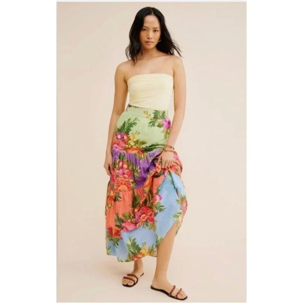 Farm Rio Anthropologie Floral Tiered Maxi Skirt Size Medium Colorful - Picture 4 of 16